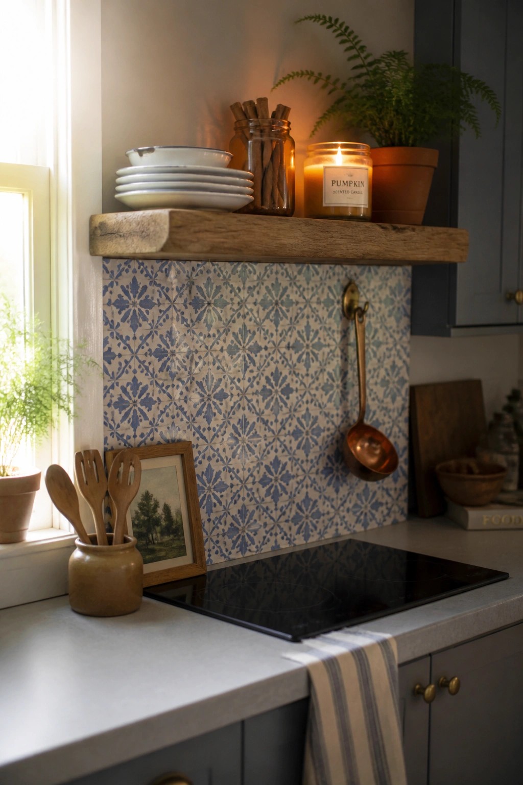 A kitchen scene showing a rustic wooden shelf mounted above a black induction cooktop, holding stacked white plates, glass jars, a lit pumpkin candle, and a terracotta pot with a fern, beside a window with additional potted plants on the sill.