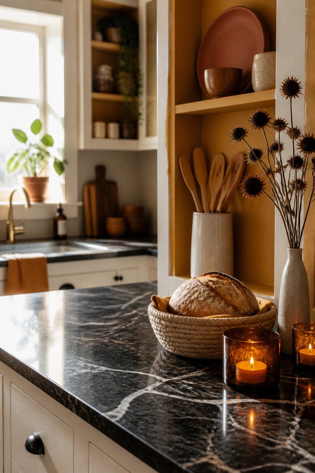 Dark marble counter with bread basket, lit candles, and dried flowers in warm kitchen.