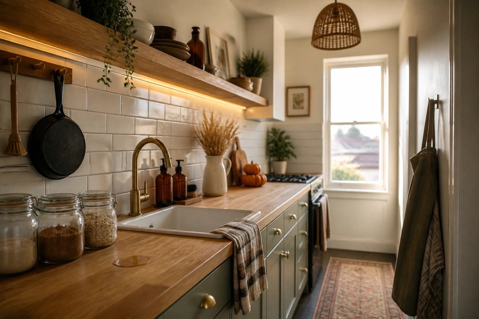 A compact kitchen with green lower cabinets, wooden countertops, a farmhouse sink, and two wooden floating shelves displaying stacked pumpkins, glass jars, dried wheat, dishes, and small plants.