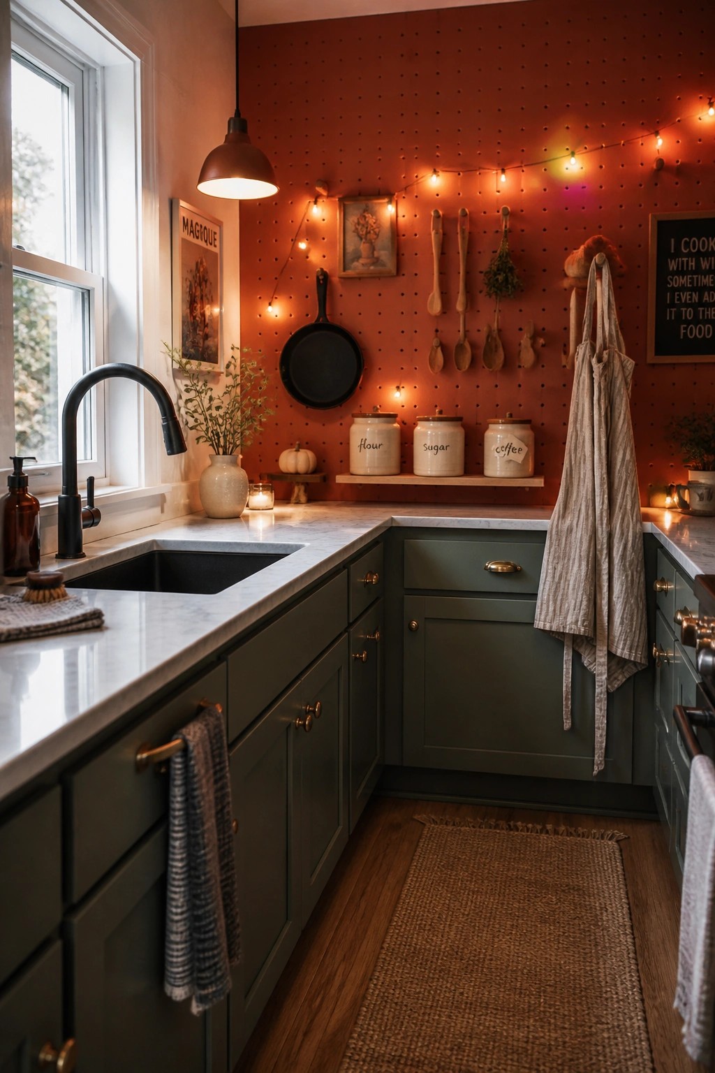 A compact kitchen with green cabinets, white marble counters, and a red pegboard wall displaying hanging utensils, a cast iron pan, and labeled ceramic jars.