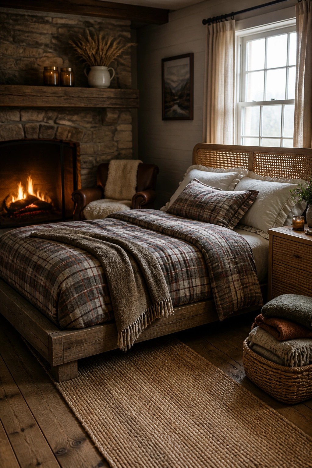 A bedroom with a wooden bed covered in plaid blankets positioned in front of a lit stone fireplace, with a woven rug on the floor and a window on the right.