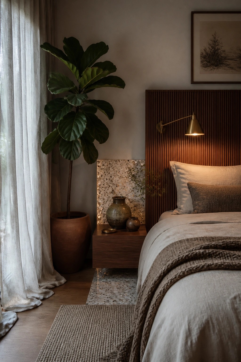 Cozy bedroom with large fiddle-leaf fig, wooden nightstand, and slatted headboard.
