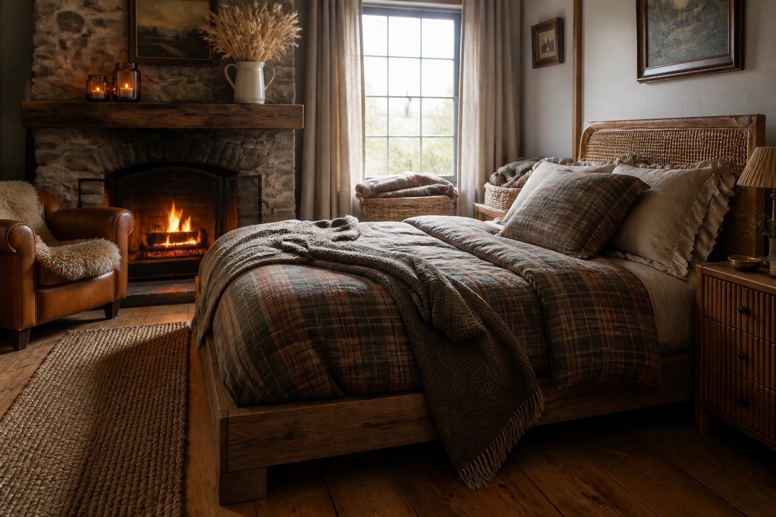 A bedroom with a wooden bed covered in plaid blankets positioned in front of a lit stone fireplace, with a woven rug on the floor and a window on the right.