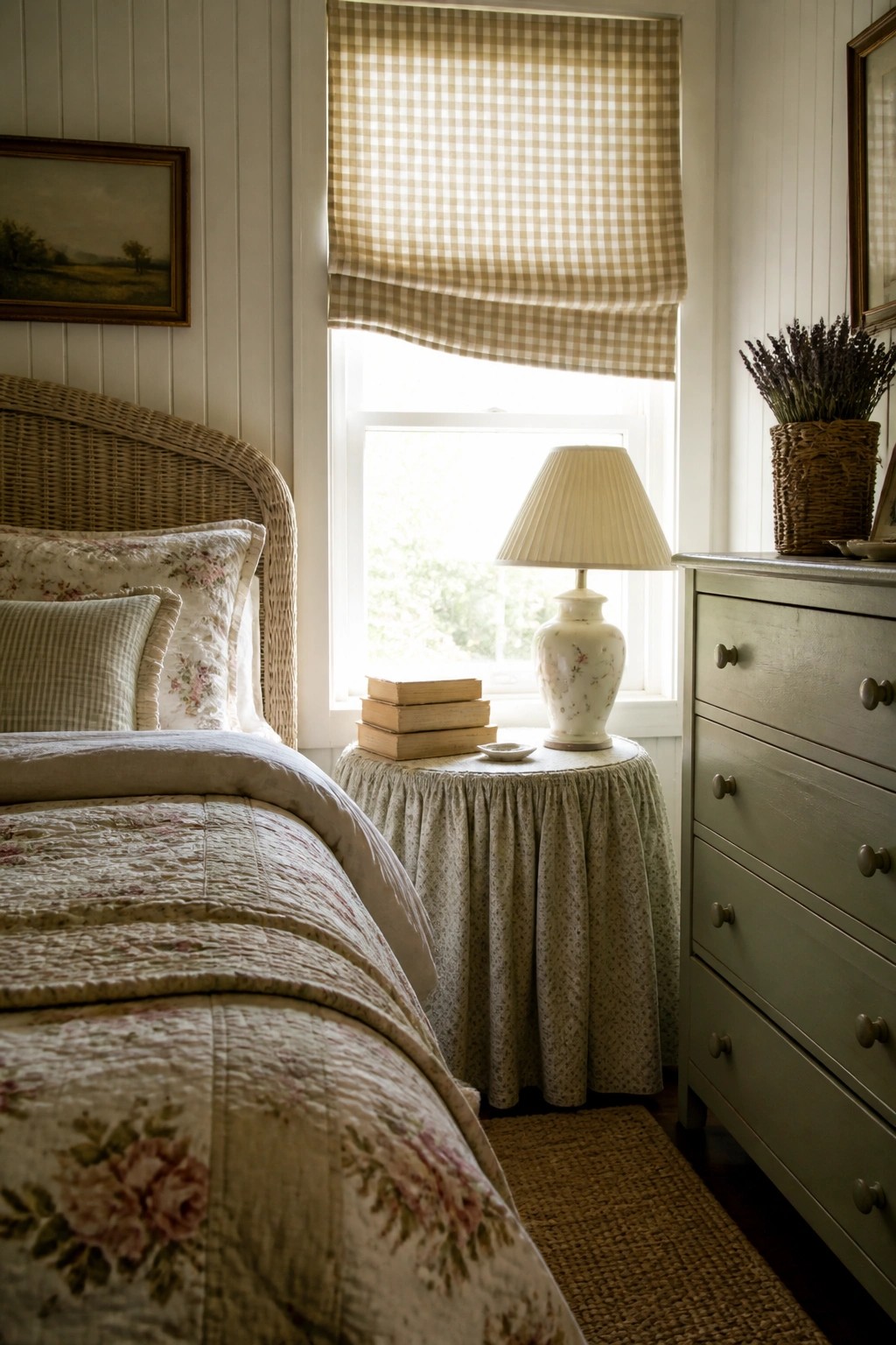 A bedroom corner with a wicker headboard, floral quilt, round skirted table holding books and a lamp, and a gingham roman shade on the window.