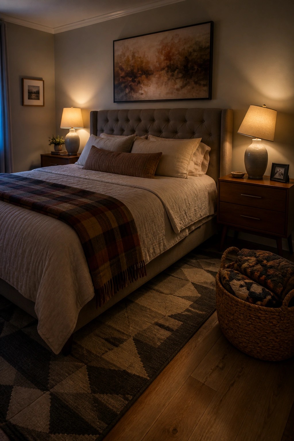 A bedroom with a large bed dressed in neutral linens and a plaid throw blanket, two wooden nightstands with lamps, and abstract artwork above the tufted headboard.