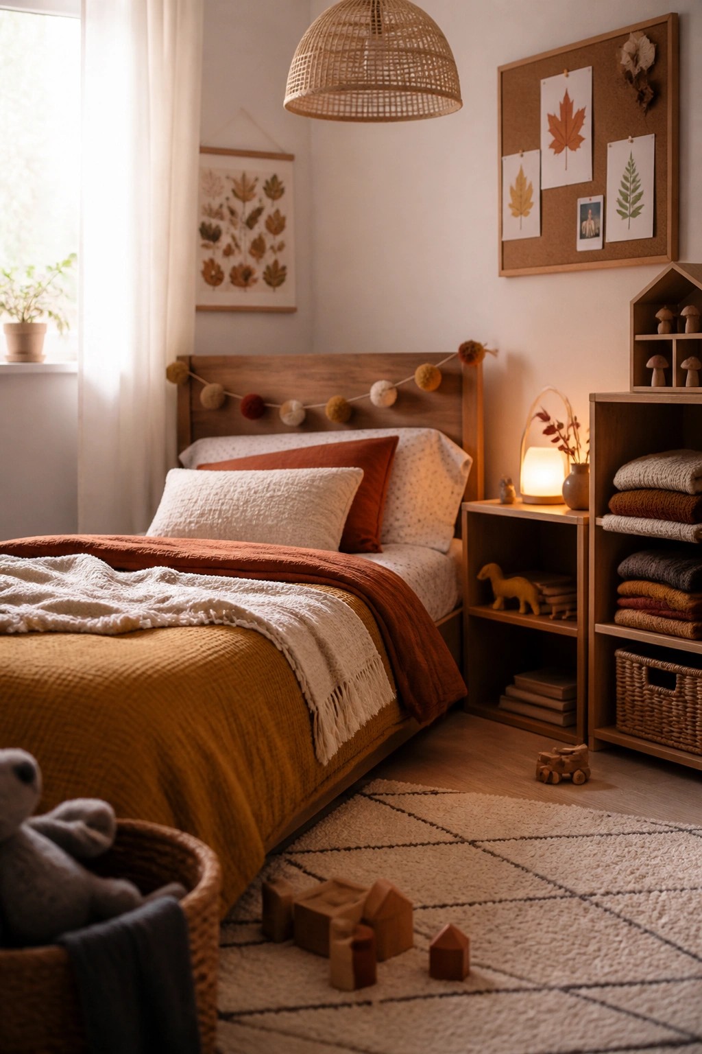 A bedroom with a wooden bed frame dressed in layered mustard yellow and rust bedding, a woven pendant light overhead, and wooden nightstands holding books and a small lamp.