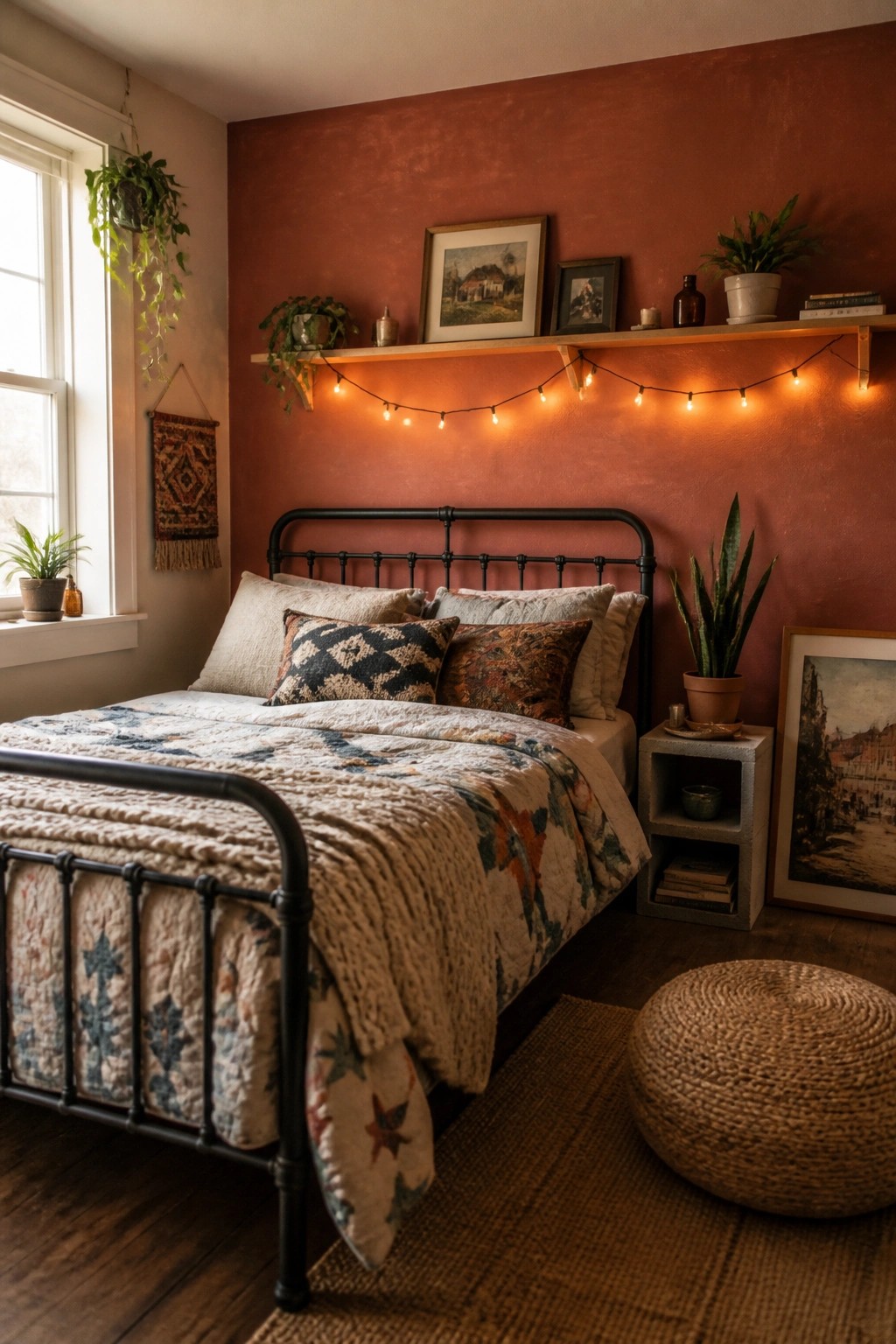A bedroom featuring a black metal bed with patterned bedding against a solid terracotta accent wall, with string lights and a wooden shelf above the bed.