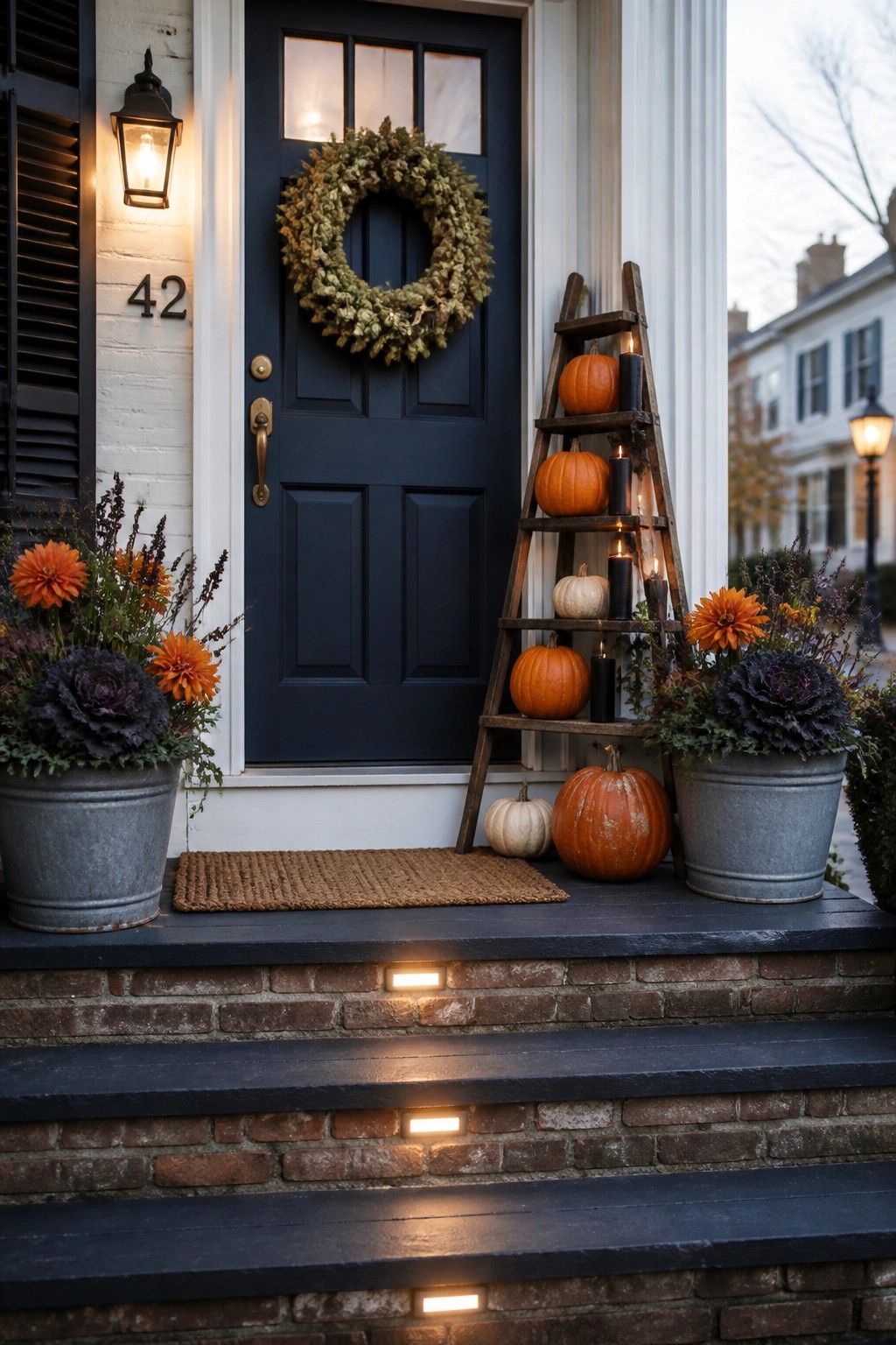 A dark blue front door with a green wreath is flanked by a wooden ladder holding pumpkins and lit candles, with two large metal planters containing orange flowers and purple foliage on a brick porch.