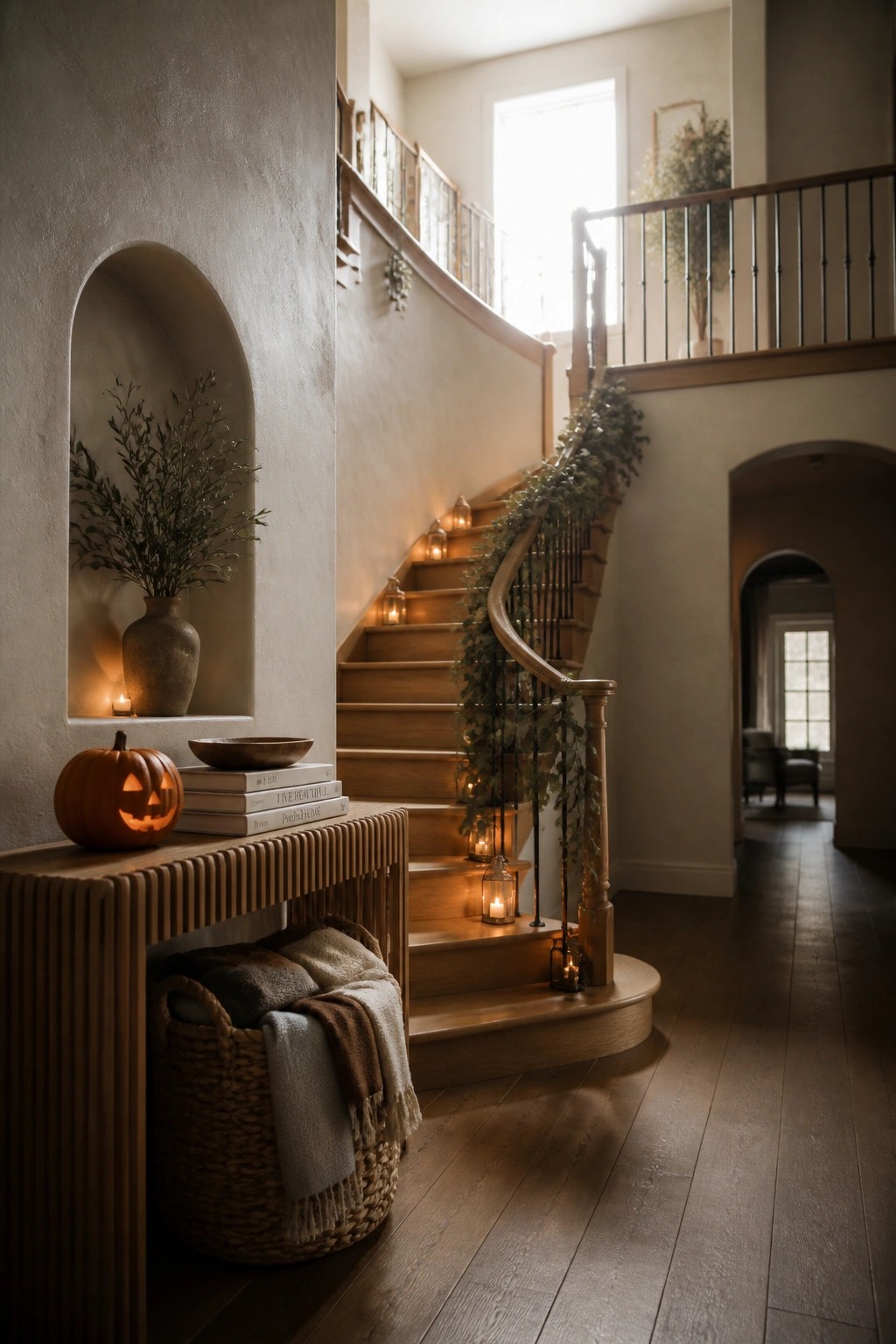 A lit carved pumpkin sits on a wooden console table beside a staircase with lanterns and a woven basket below.