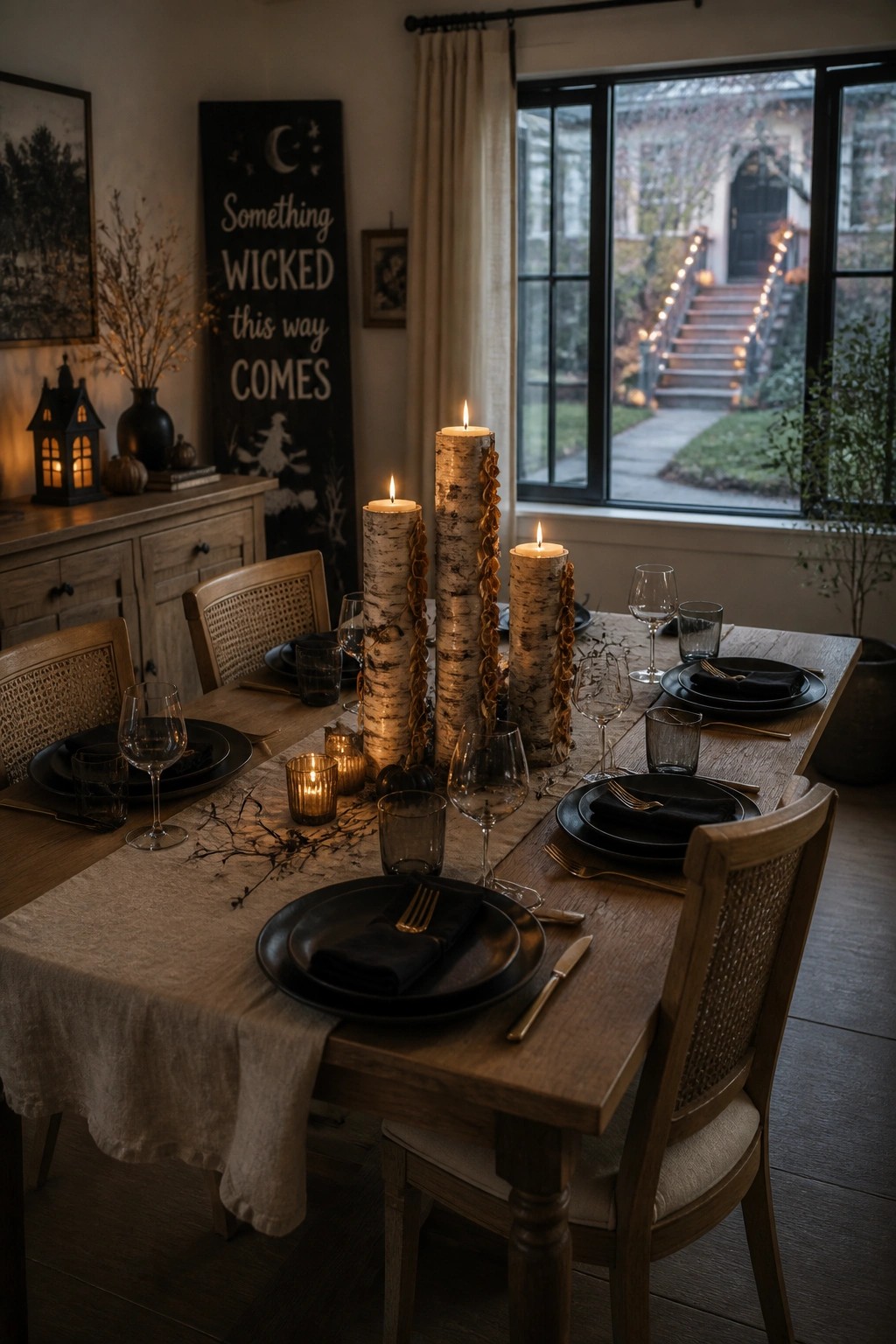A wooden dining table set with black plates and tall birch bark candles as the centerpiece, with a large Halloween sign visible on the wall behind.