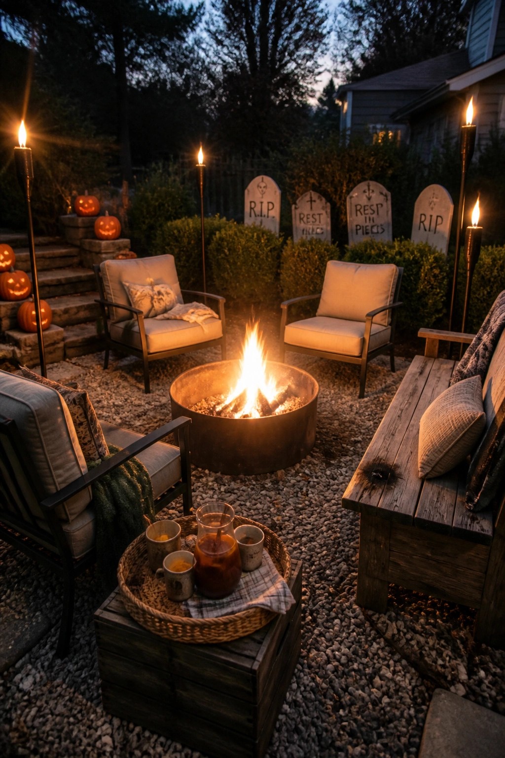 An outdoor gravel patio with a round fire pit, four cushioned armchairs, a wooden bench, several lit torches, carved pumpkins on nearby steps, and gravestone decorations among the shrubs.