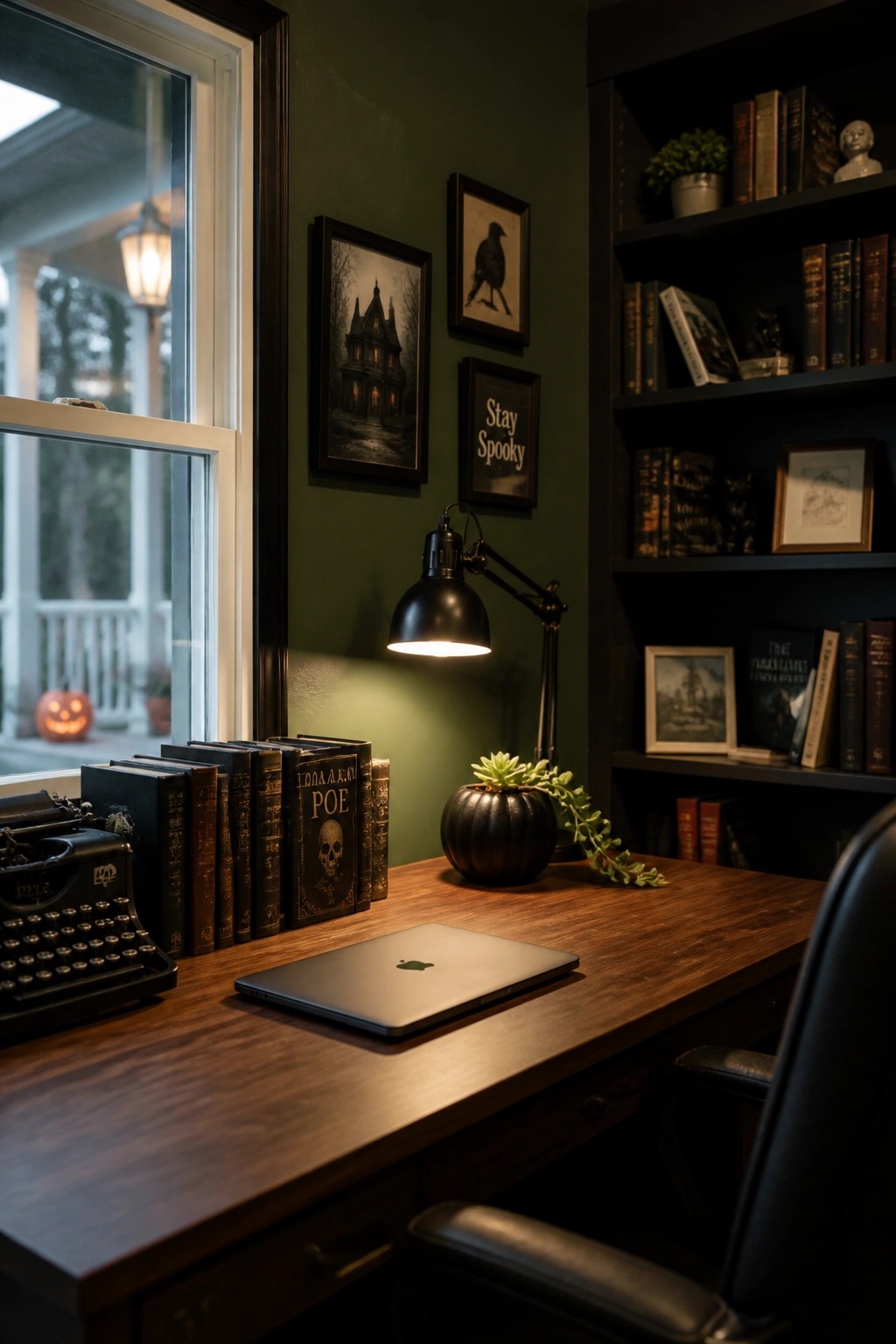 A dark green home office with a wooden desk holding a laptop, black desk lamp, black pumpkin planter, and rows of vintage books including Edgar Allan Poe editions, plus framed spooky prints on the wall.