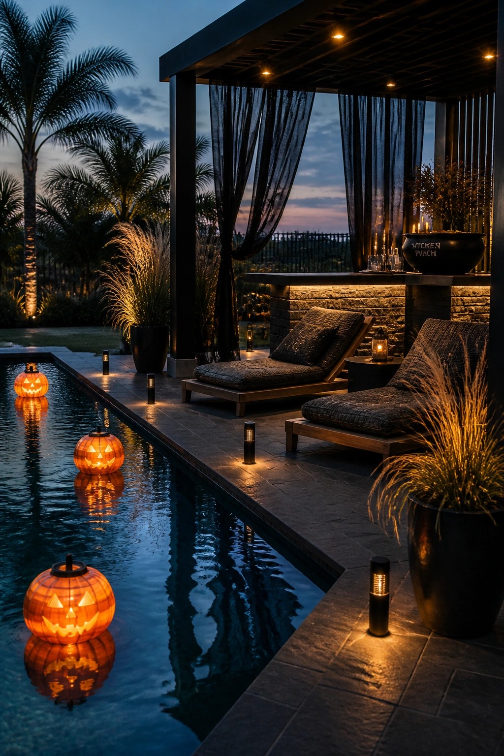 A dusk view of a rectangular pool with several glowing jack-o'-lanterns floating in the water beside a stone deck with two lounge chairs and a covered seating area with string lights.