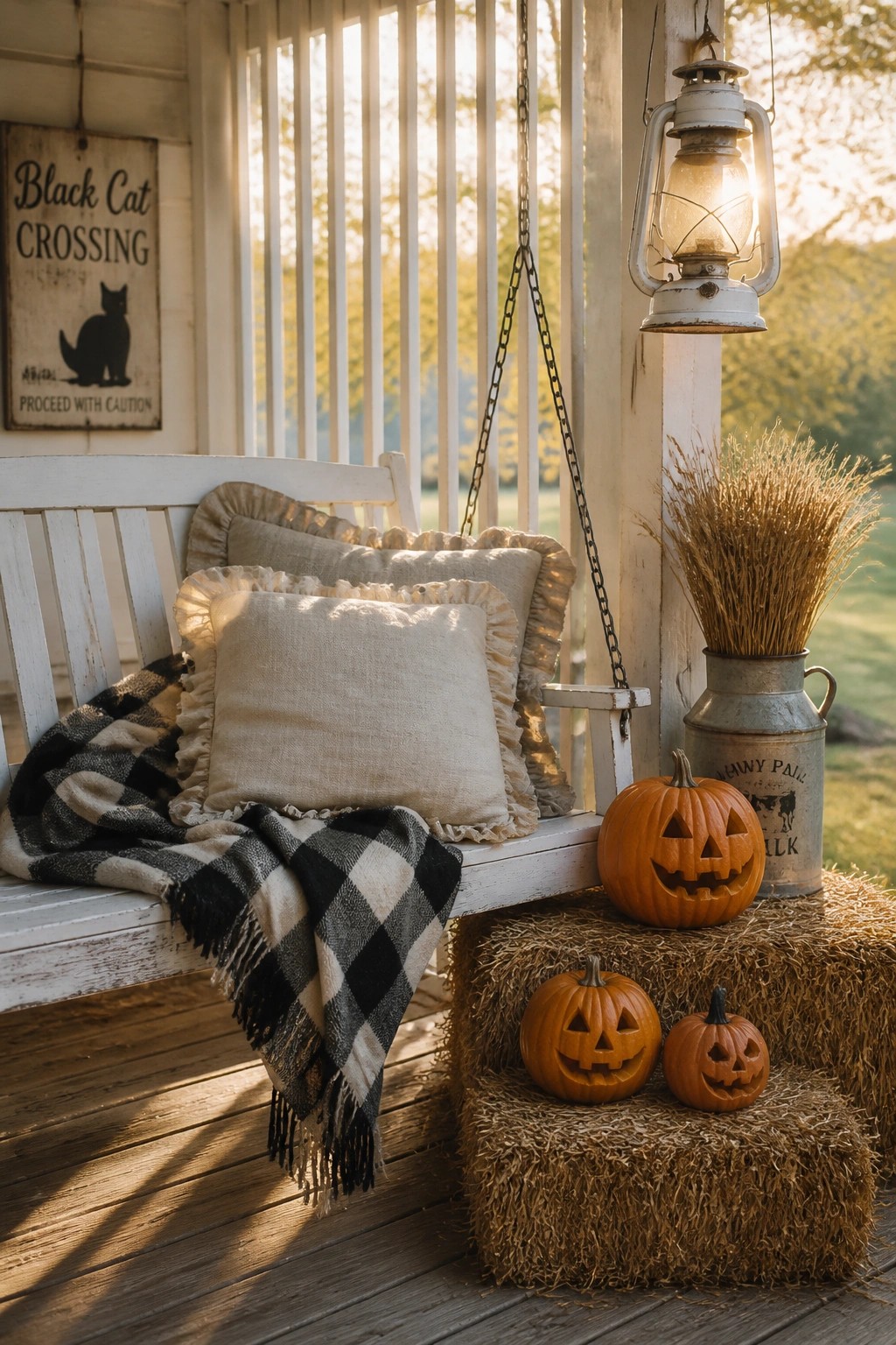 A white wooden porch swing with pillows and a plaid blanket beside hay bales holding three carved pumpkins, a metal milk can with wheat, and a hanging lantern.