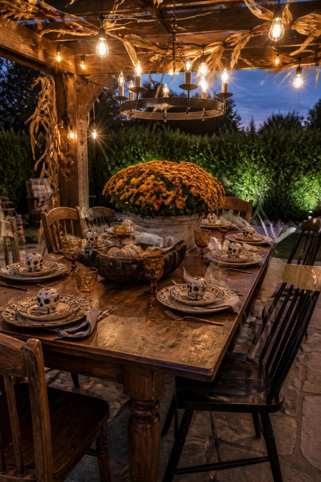 Outdoor wooden table set with skull plates, orange flowers, and glowing lights at dusk