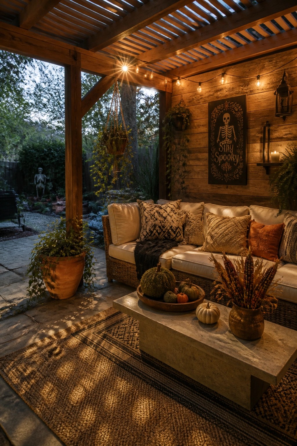 A covered wooden patio with a wicker sofa, stone coffee table with pumpkins and dried flowers, a skeleton sign on the wall, and string lights overhead.