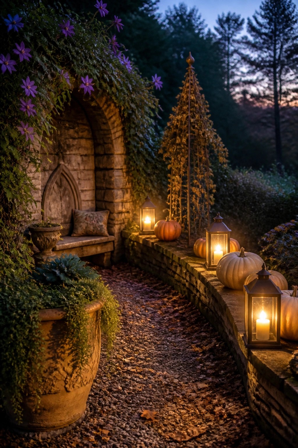 Stone path lined with glowing lanterns and pumpkins beside vine-covered arch at dusk