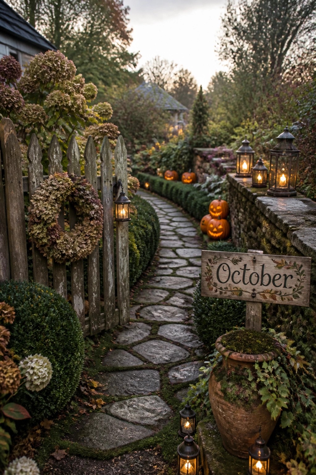 Autumn garden stone path with glowing lanterns, pumpkins, wooden fence, and October sign.