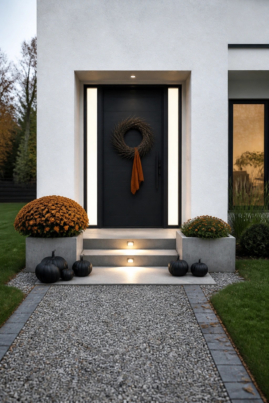 Modern white house entrance with a black door, twig wreath with orange fabric, orange chrysanthemums in concrete planters, and black pumpkins arranged on gravel beside lit steps.