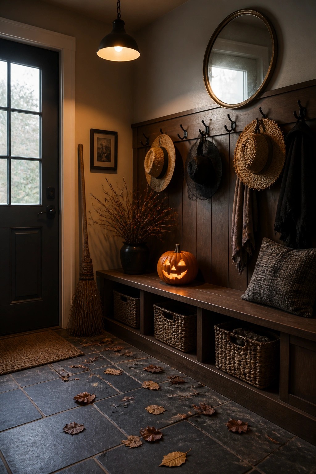 An indoor entryway with a dark wooden bench holding a lit carved pumpkin, wall hooks with hats above, a broom leaning nearby, and scattered dry leaves on the slate floor.