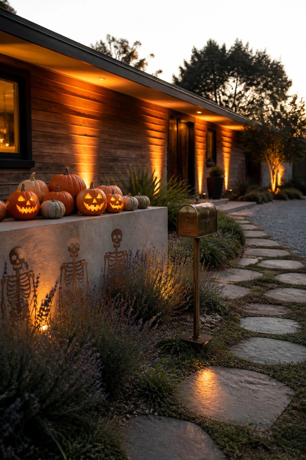 A modern house exterior at dusk with carved pumpkins lined on a concrete ledge and metal skeleton silhouettes attached to the wall below, next to a brass mailbox and stone path.