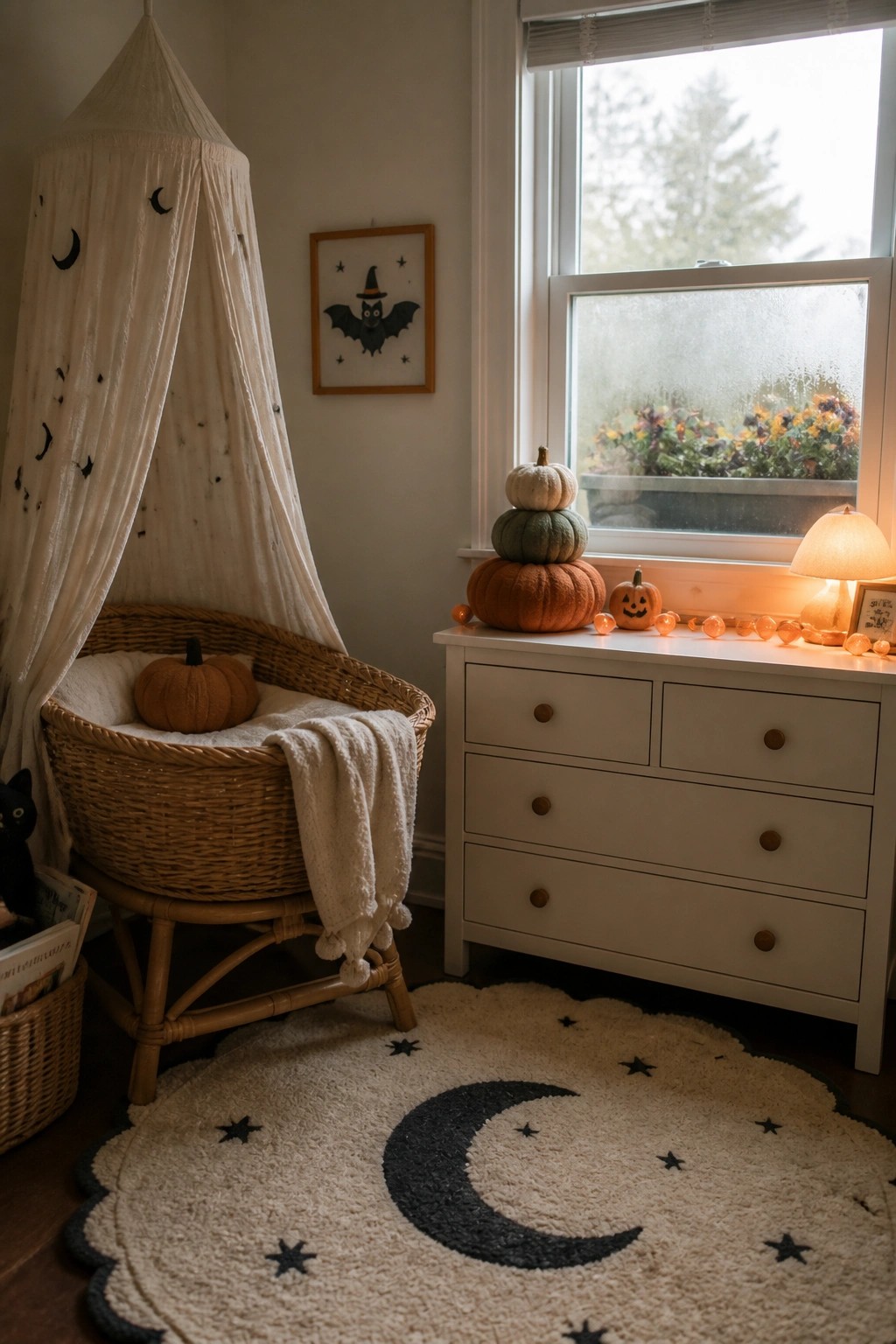 A nursery with a moon-patterned canopy over a wicker bassinet, a large moon and stars rug, bat wall art, and stacked pumpkins on a white dresser.