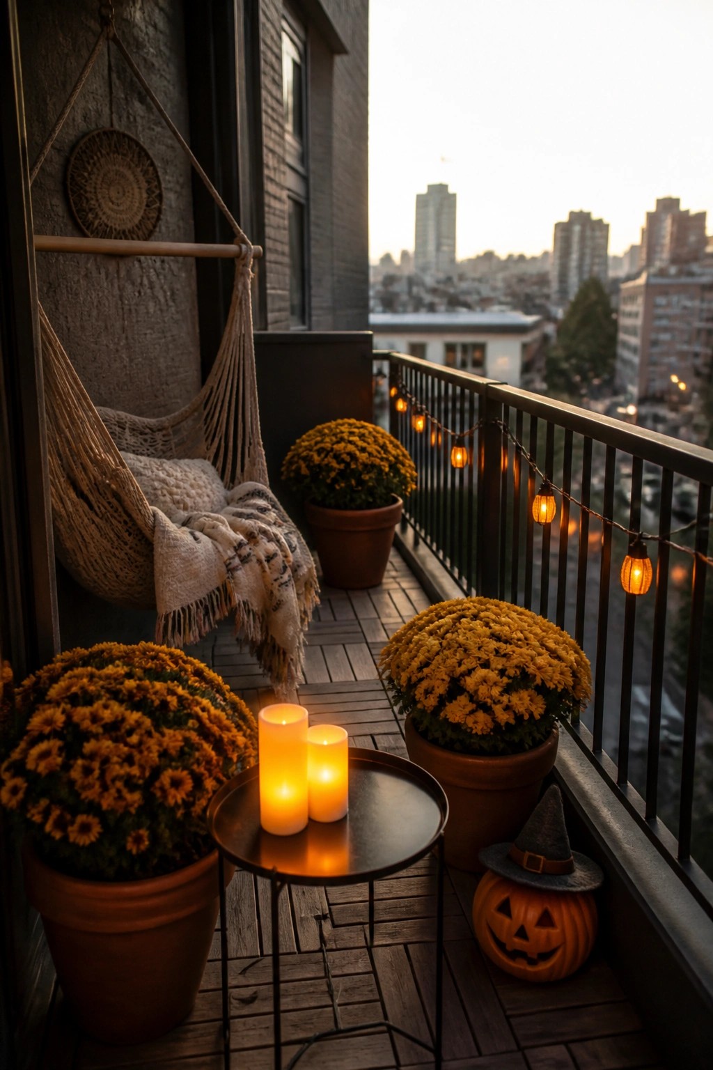 A city balcony at dusk with string lights along the railing, potted yellow flowers, two lit candles on a small table, a hammock on the left, and a carved pumpkin with a witch hat.