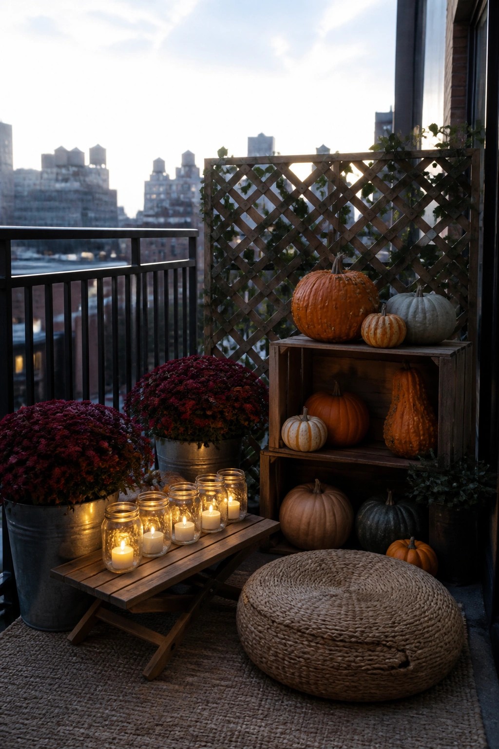 A small urban balcony with pumpkins arranged on and around a wooden crate, several lit candles in glass jars on a low bench, potted red mums, and a woven floor cushion.