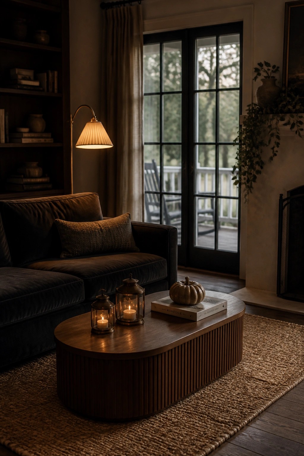 Cozy dark sofa and wooden coffee table with lit candles and pumpkin in living room