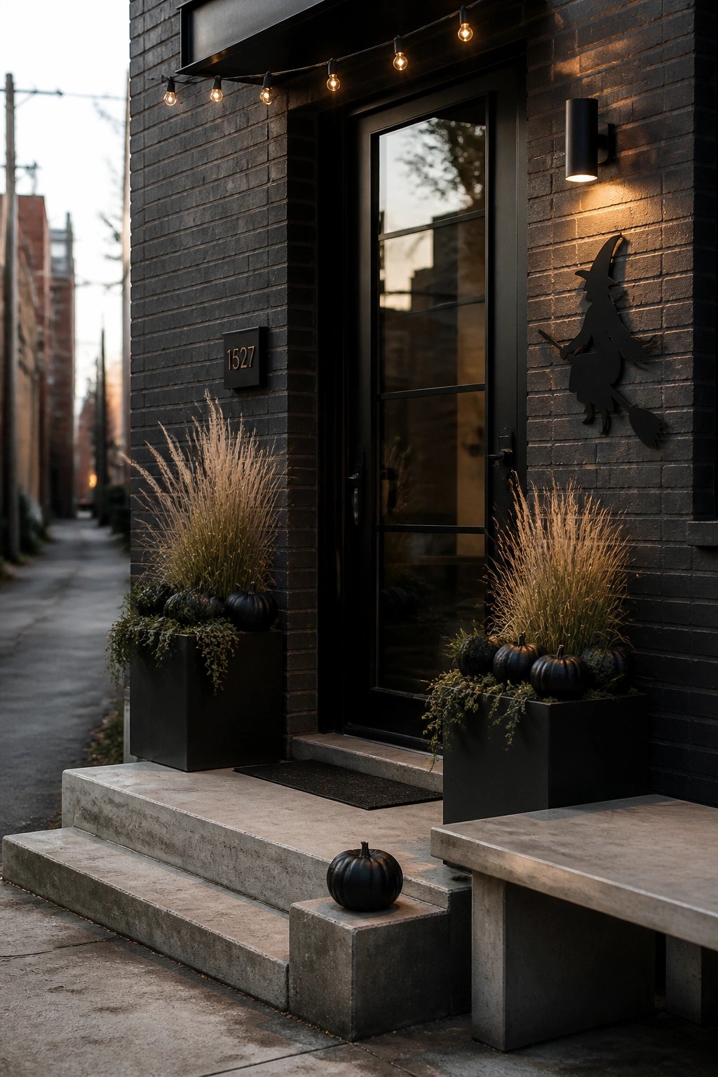 Front entrance of a dark brick building with black door, black planters holding black pumpkins and tall grass, a witch silhouette on the wall, string lights above the door, and concrete steps.