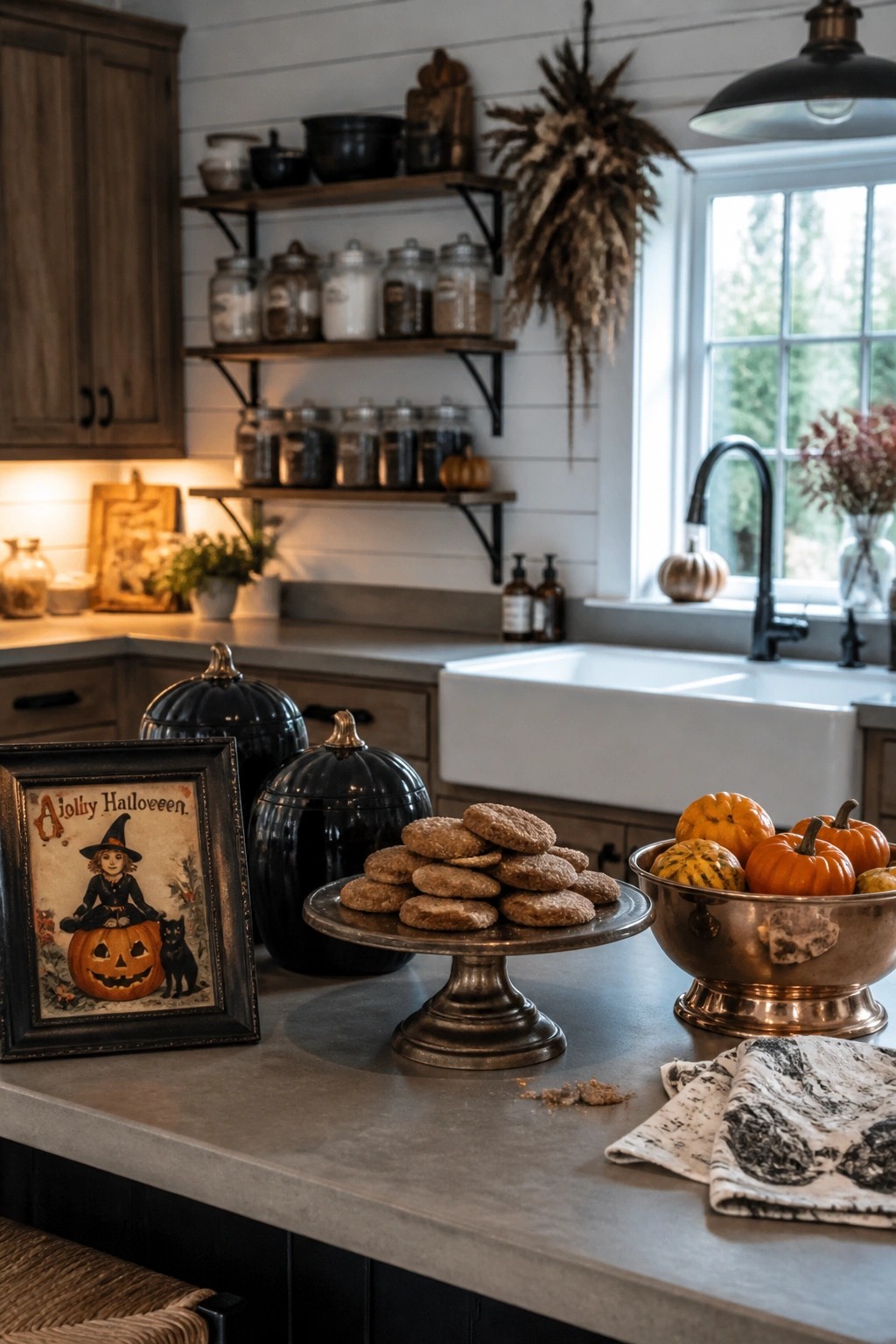 A kitchen counter shows a framed vintage Halloween illustration beside cookies on a metal stand and small pumpkins in a bowl.