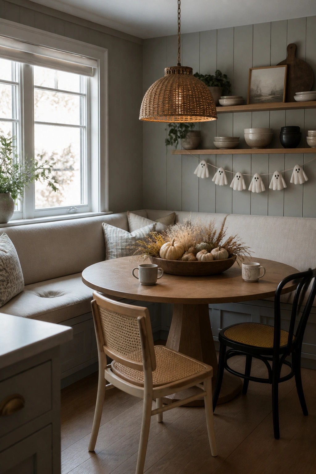 A neutral dining nook with a round wooden table, built-in bench, mixed chairs, and a white ghost garland strung along the gray wall.