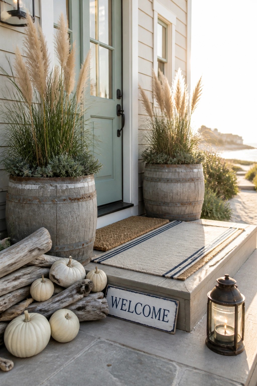A light green front door with two large wooden barrels holding tall pampas grass, small white pumpkins, a welcome sign, and a lit lantern on the stone steps.