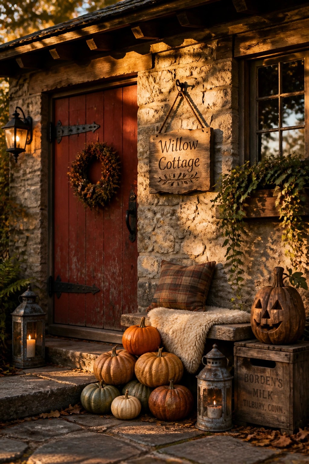 Cozy stone cottage entrance with red door, pumpkins, lanterns, and Willow Cottage sign.