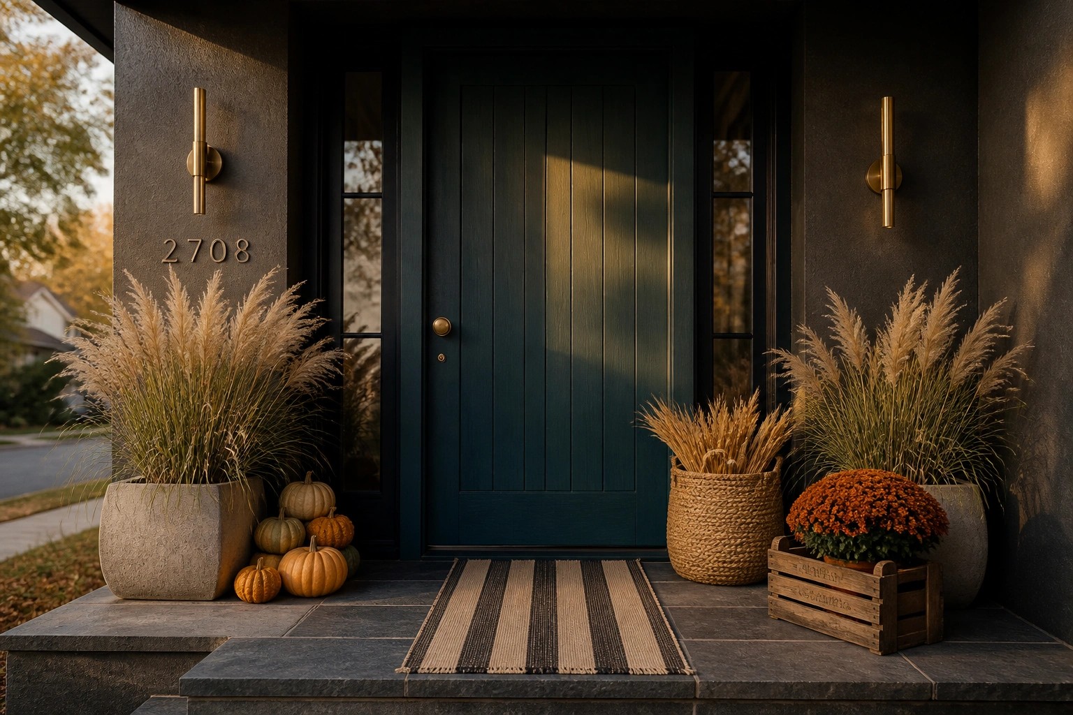 A dark green front door with black trim is flanked by two large concrete planters holding tall beige pampas grass, with small pumpkins on the left step, a striped woven rug, and a wooden crate holding a rust mum on the right.