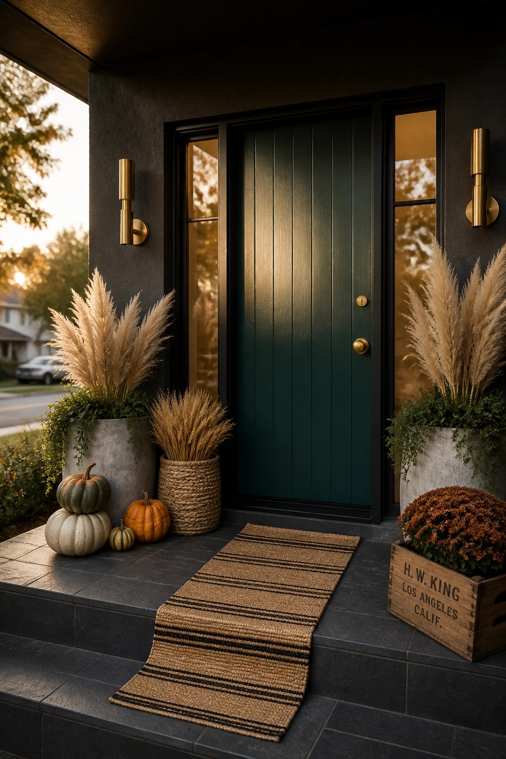 A dark green front door with black trim is flanked by two large concrete planters holding tall beige pampas grass, with small pumpkins on the left step, a striped woven rug, and a wooden crate holding a rust mum on the right.