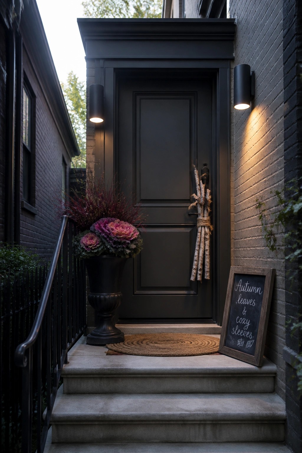 A black front door on a brick house with a bundle of birch branches tied with twine hanging from the handle and a chalkboard sign on the steps.