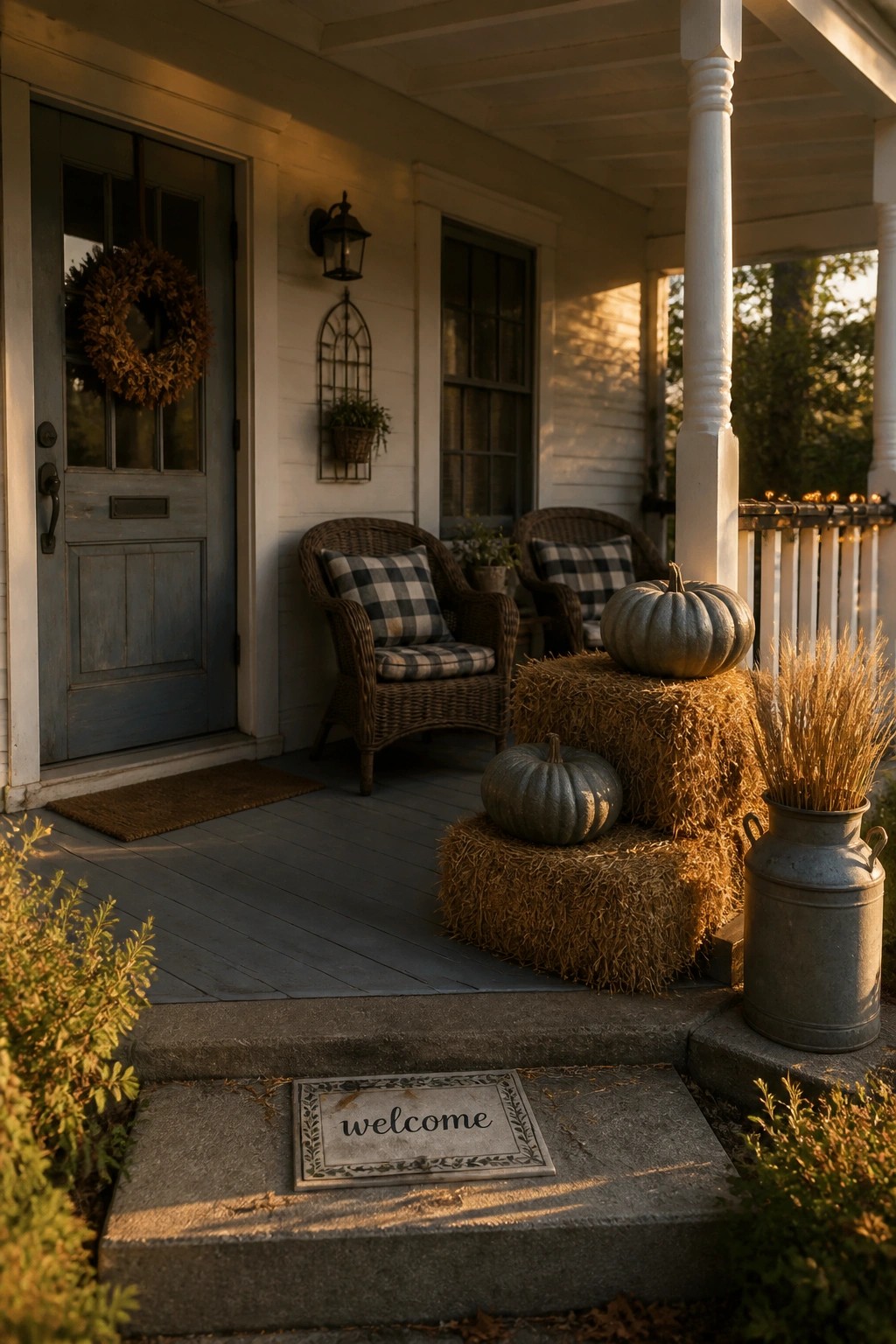 Cozy autumn porch with pumpkins on hay bales, wicker chairs, and welcome mat.