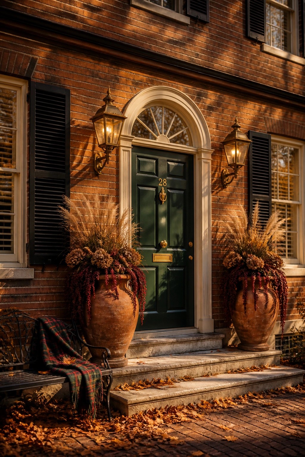 A green paneled front door on a brick house flanked by two large terracotta pots filled with tall dried grasses and burgundy foliage, with lanterns on the wall and fallen leaves on the steps.