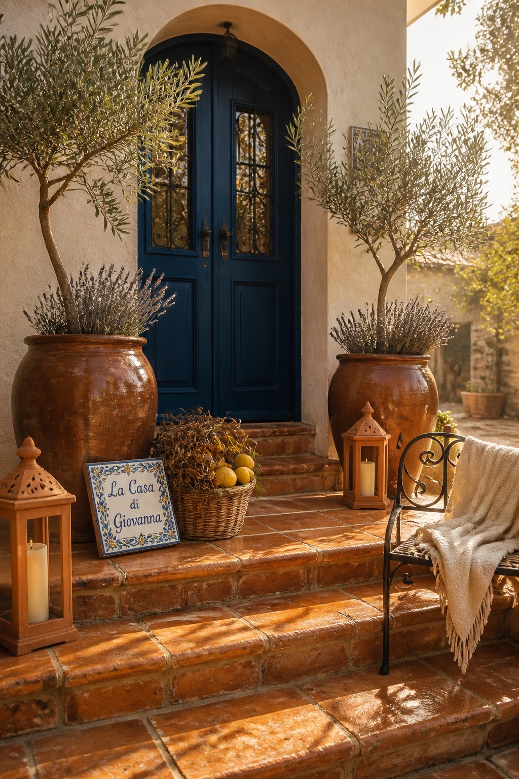 A blue double door at the top of brick steps, flanked by two large terracotta pots holding olive trees and lavender, with lanterns, a basket of lemons, and a small chair nearby.