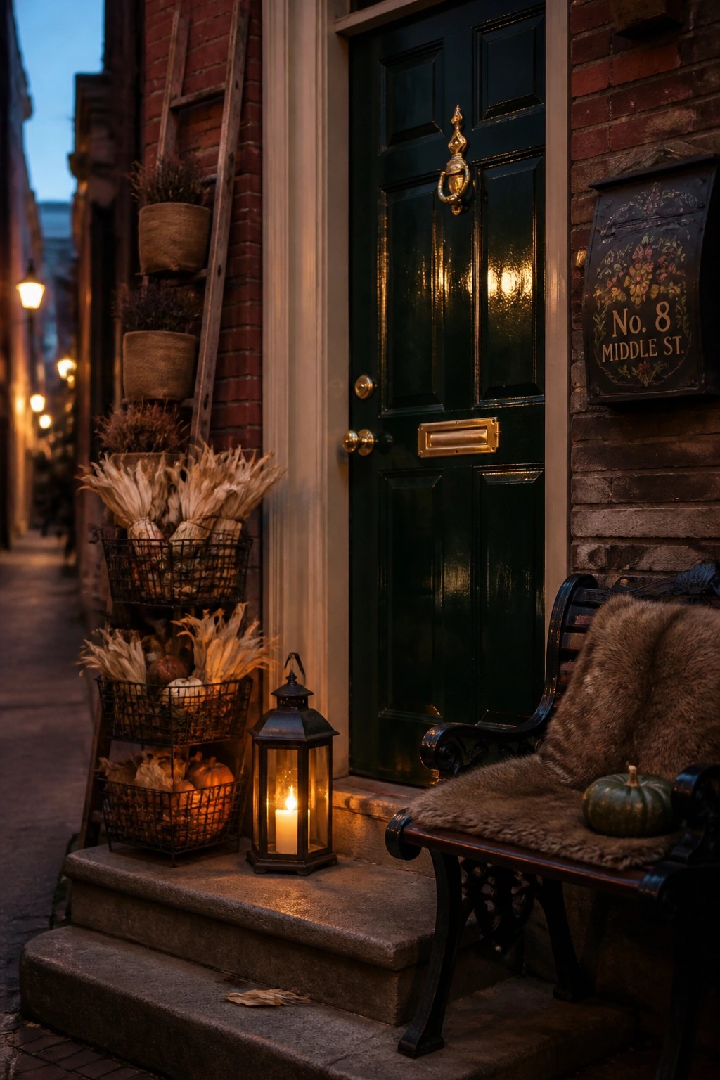 Stone steps with lit lantern at green door, autumn baskets and fur-covered bench.