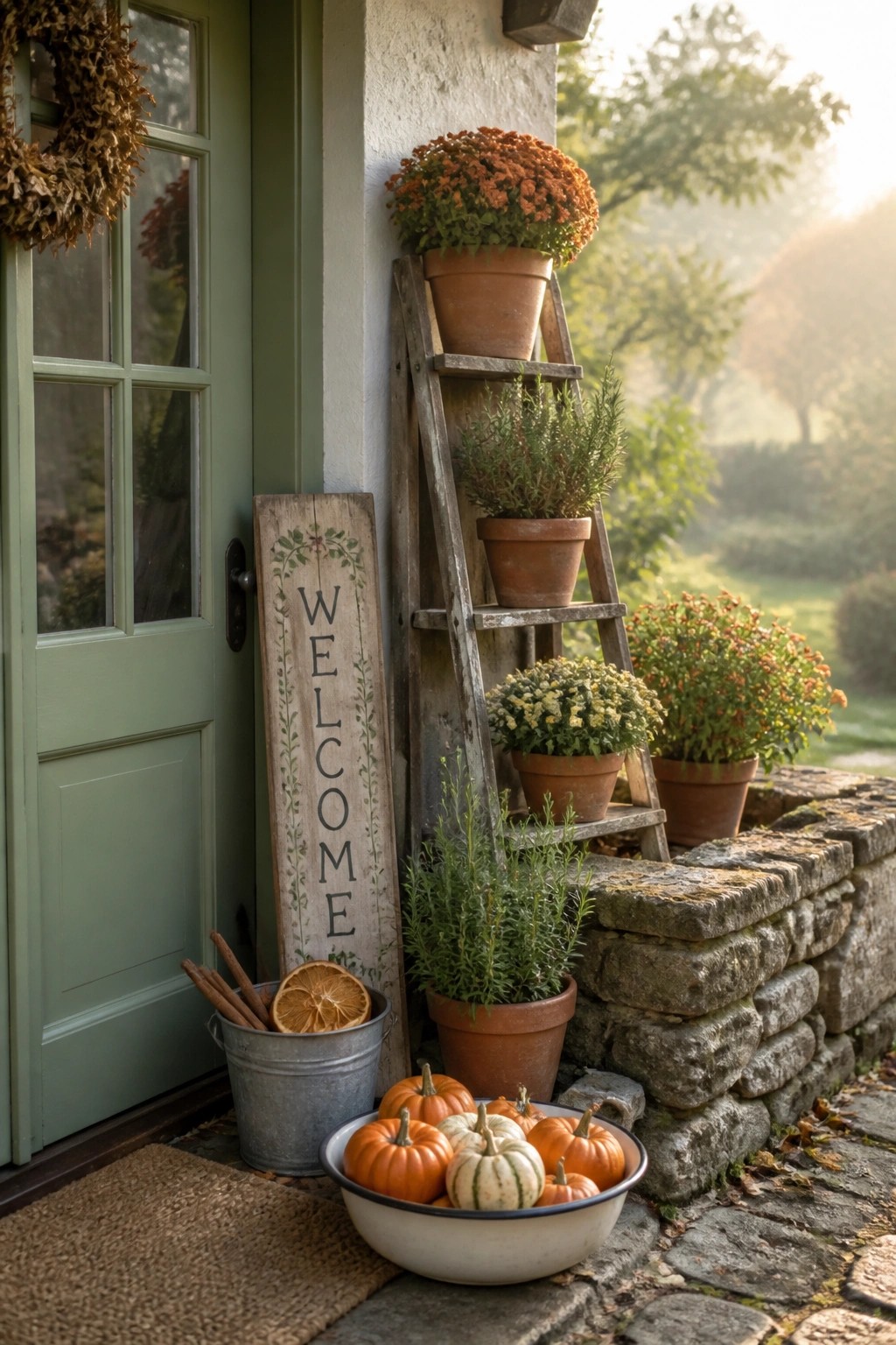 A green front door beside a wooden ladder holding several potted chrysanthemums, with a welcome sign, metal bucket, and bowl of small pumpkins on the ground.