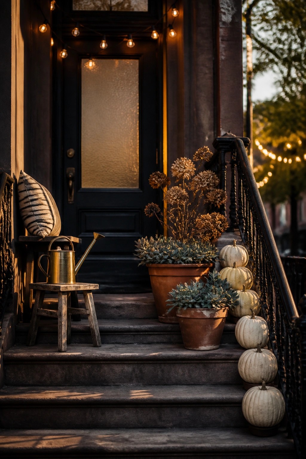 Stone steps with white pumpkins, potted plants, brass watering can on stool, string lights.