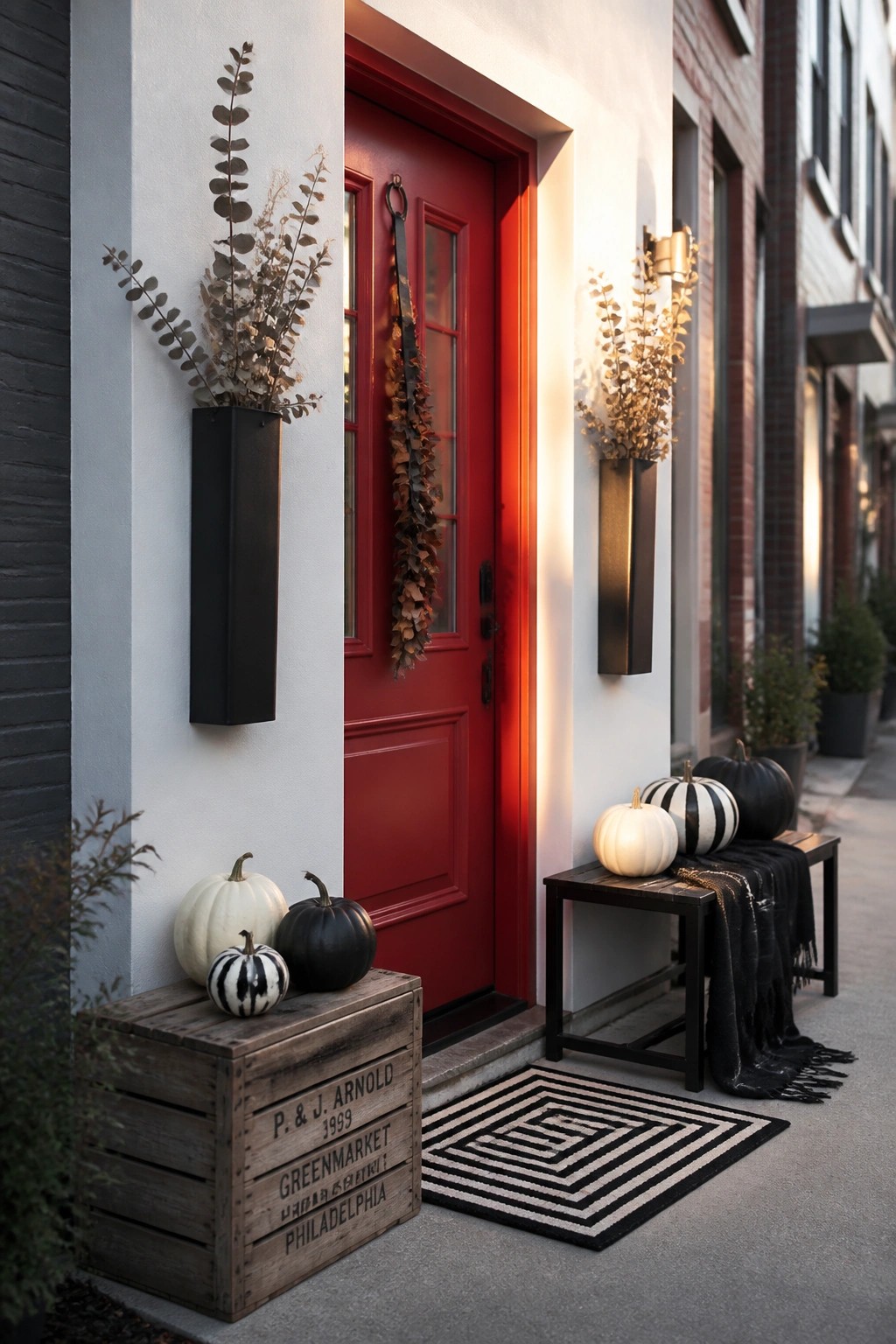 A red front door with two tall black wall-mounted planters holding dried foliage, pumpkins arranged on a wooden crate and bench, and a geometric striped doormat on the step.