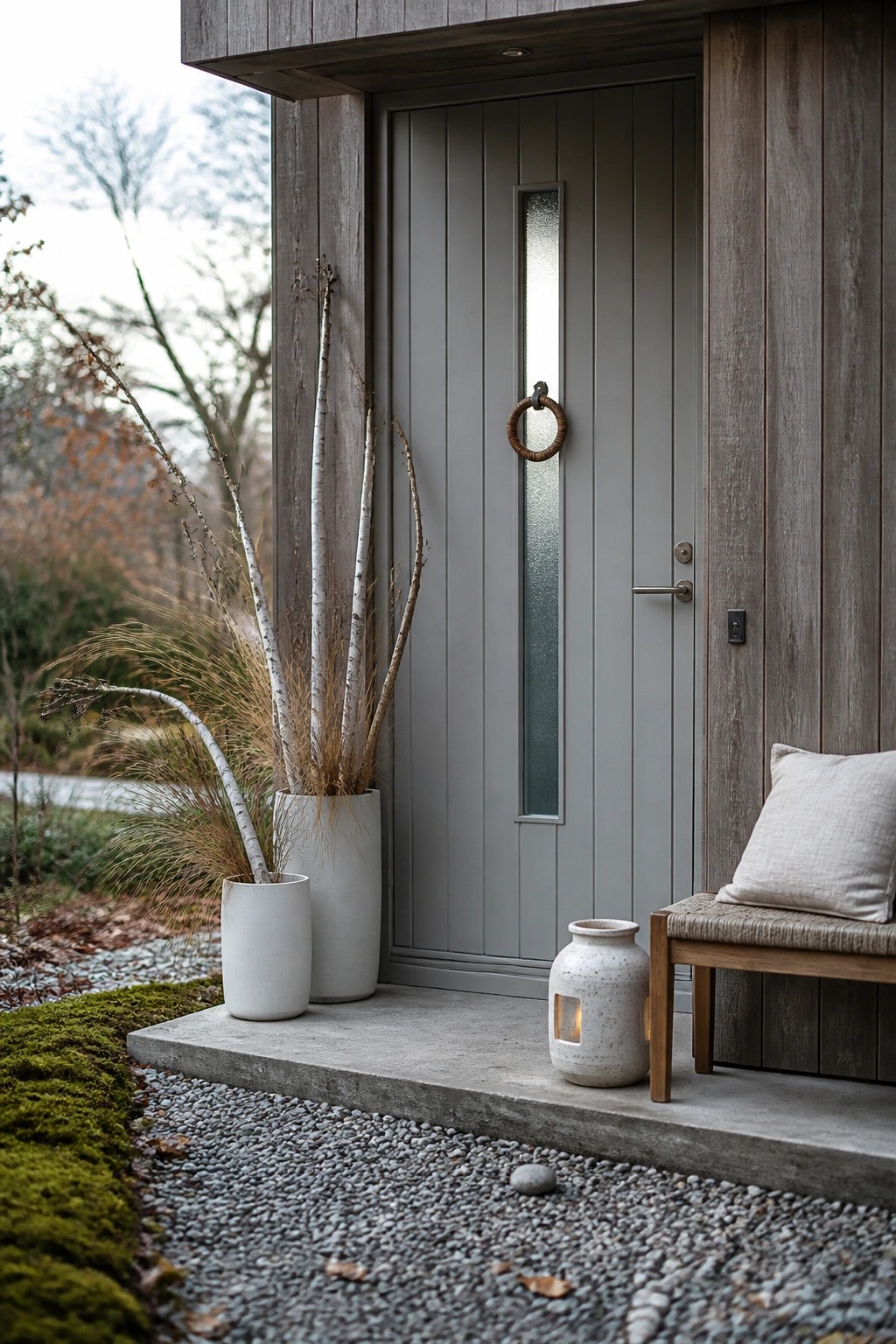A gray vertical plank door with a narrow textured glass panel is flanked by two white ceramic pots holding tall bare branches and dried grasses, next to a wooden bench with a light cushion.