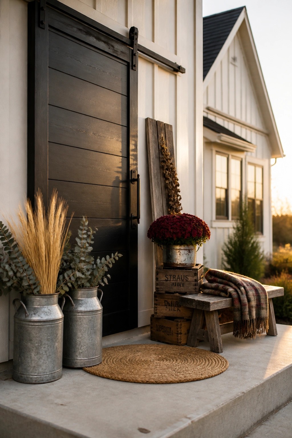 A house exterior with a black sliding barn door, two galvanized milk cans with wheat and greenery, stacked wooden crates holding a pot of red mums, a bench with a blanket, and a round woven rug on the concrete step.