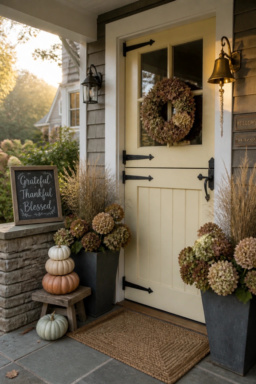 A cream front door with black hardware, a dried hydrangea wreath, tall grass planters, and a stack of pumpkins in white, beige, and orange on a small wooden stool.