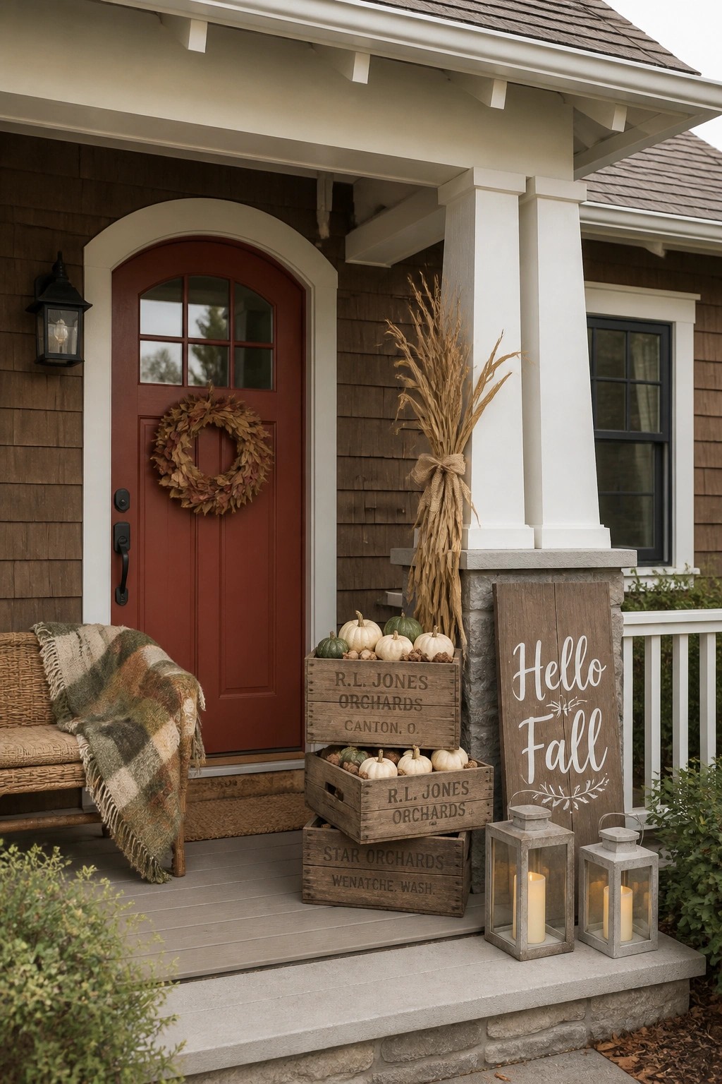 A red front door on a house porch with stacked wooden crates filled with pumpkins, a bundle of dried wheat, two lanterns, and a wooden sign that reads Hello Fall.