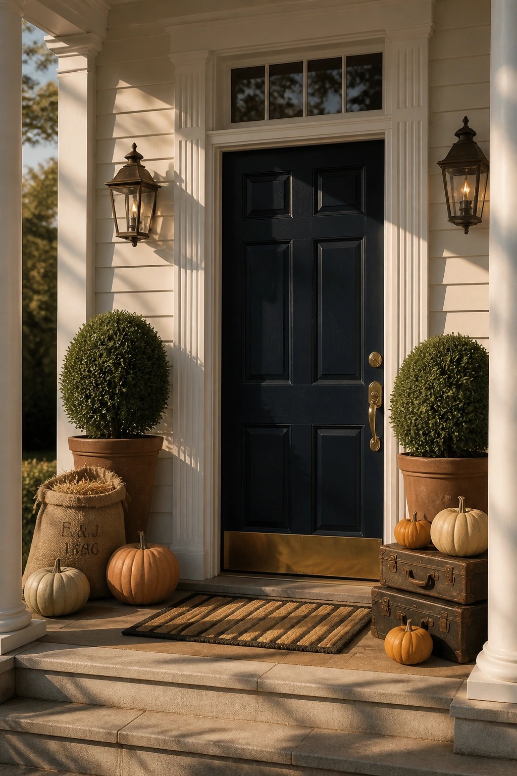 A navy blue paneled front door on a white house porch, flanked by potted shrubs and stacked vintage trunks holding small pumpkins.