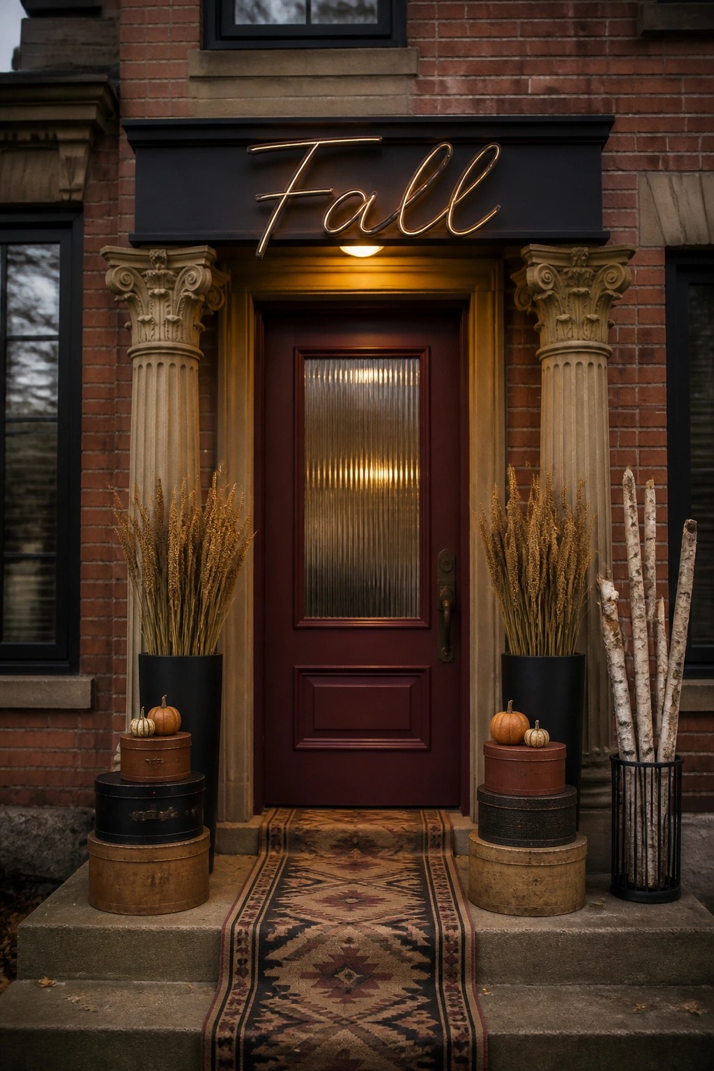 A red door on a brick house with tall black pots of dried grasses on both sides, stacked boxes holding small pumpkins at the base, and a neon Fall sign above the entrance.